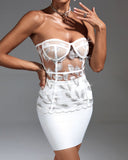 Strapless Cutout Feather Bandage Skirt Set