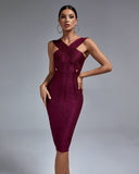 Metal Ornamental Buckle Midi Bandage Dress