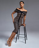 Black Stripe Off Shoulder Bandage Dress