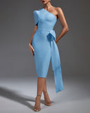 One Shoulder Bow Lace Up Midi Bandage Dress