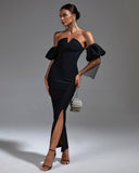 Black Puffed Sleeve Bandage Long Dress