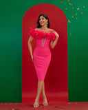 Off Shoulder Feather Trim Bandage Dress