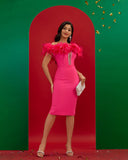 Off Shoulder Feather Trim Bandage Dress