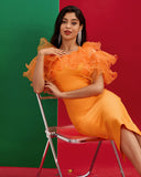 Mesh Fluffy Sleeve Midi Bandage Dress