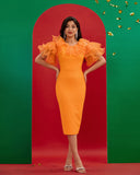 Mesh Fluffy Sleeve Midi Bandage Dress