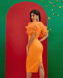 Mesh Fluffy Sleeve Midi Bandage Dress