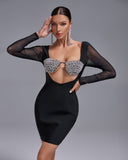 Mesh-sleeve Crystal Bustier Bandage Dress