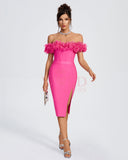 Off Shoulder Ruffle Trim Midi Bandage Dress