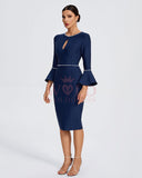 Pearl Trim Pagoda-Sleeve Midi Bandage Dress