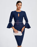 Pearl Trim Pagoda-Sleeve Midi Bandage Dress