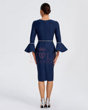 Pearl Trim Pagoda-Sleeve Midi Bandage Dress