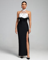 Halter Neck Feather Design Bandage Maxi Dress