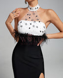 Halter Neck Feather Design Bandage Maxi Dress