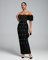 Off Shoulder Pearl Embellished Bandage Maxi Dress