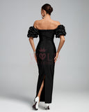 Off Shoulder Pearl Embellished Bandage Maxi Dress