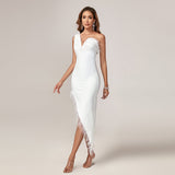 Asymmetrical Feather Trim Bandage Dress