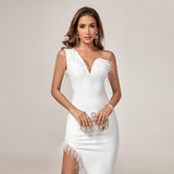 Asymmetrical Feather Trim Bandage Dress