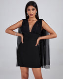 V Neck Tulle Detail Mini Bandage Dress