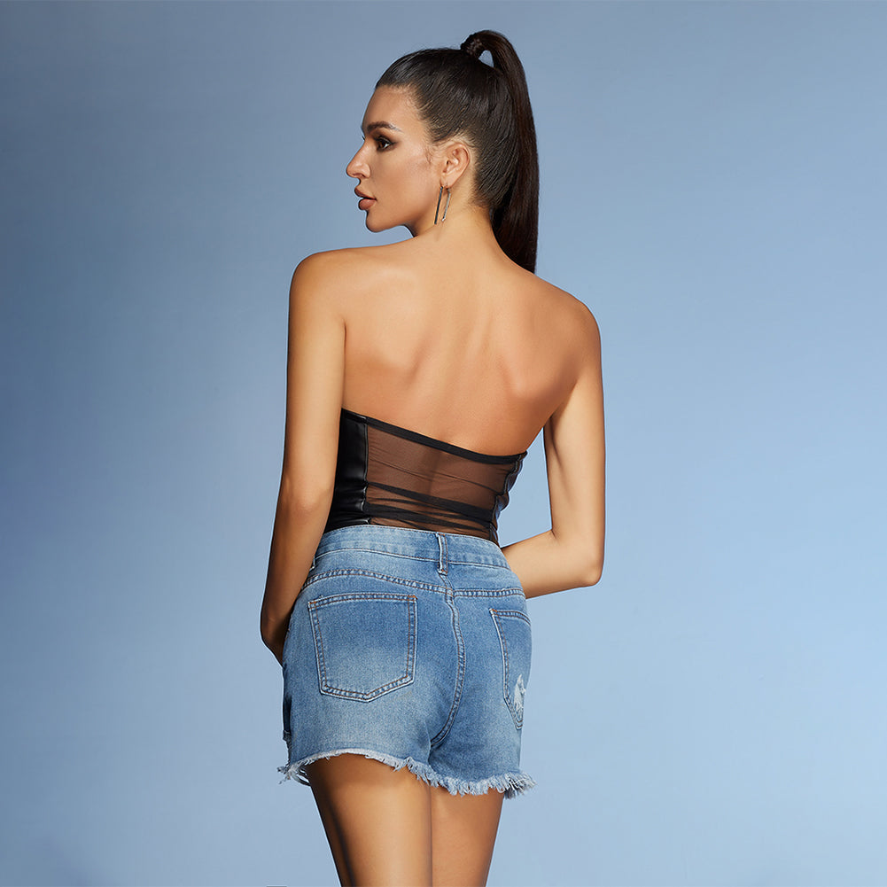 Strapless Sleeveless Leather Bodycon Jumpsuit PZC2427