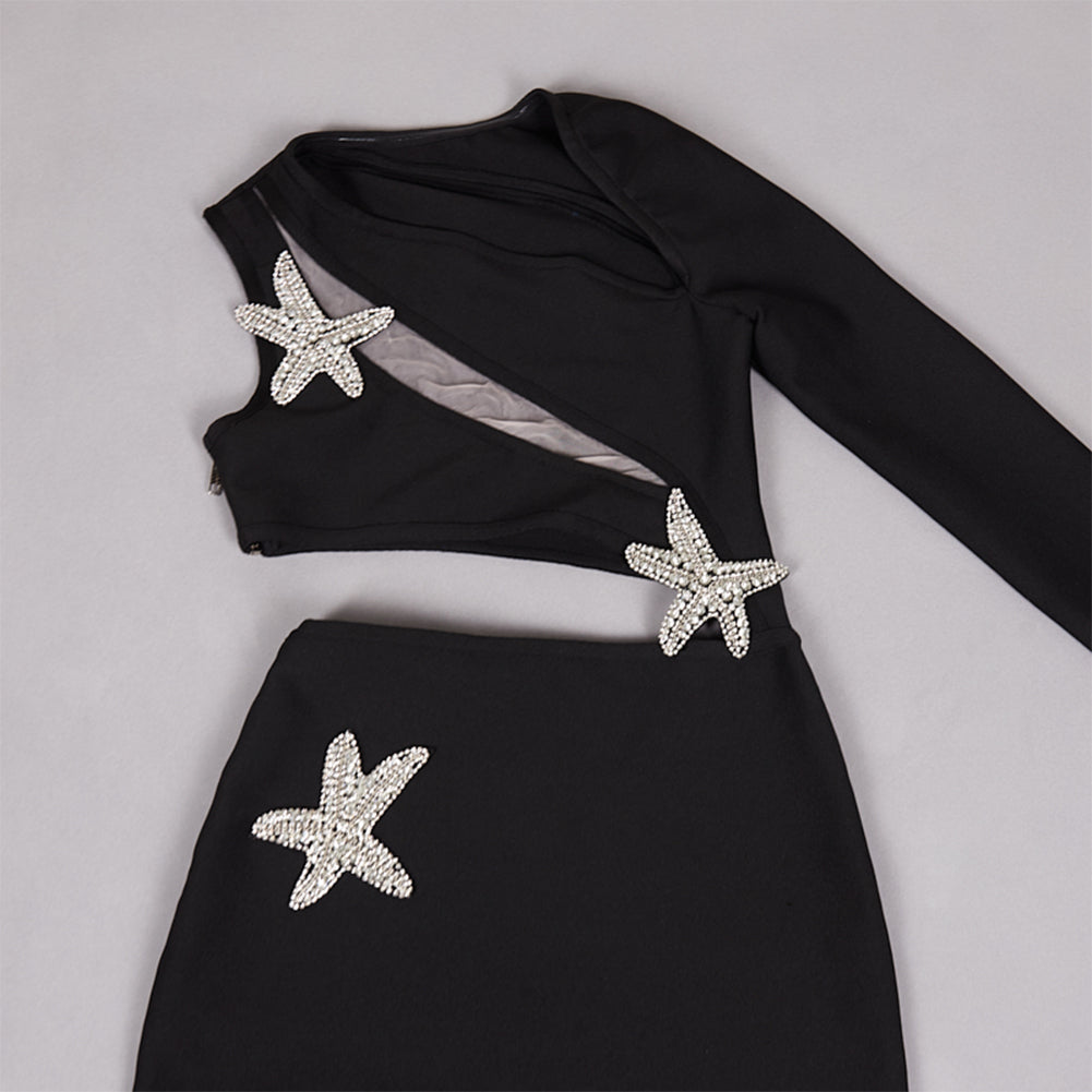 Long Sleeve Starfish Rhinestone Maxi Bandage Dress PZC2596