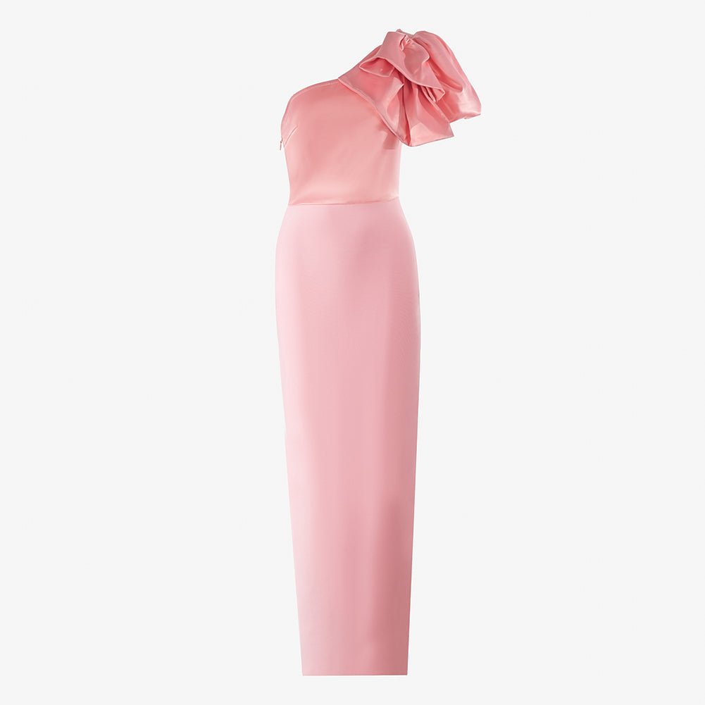 One Shoulder Pink Bandage Dress with Bowknot Splicing
