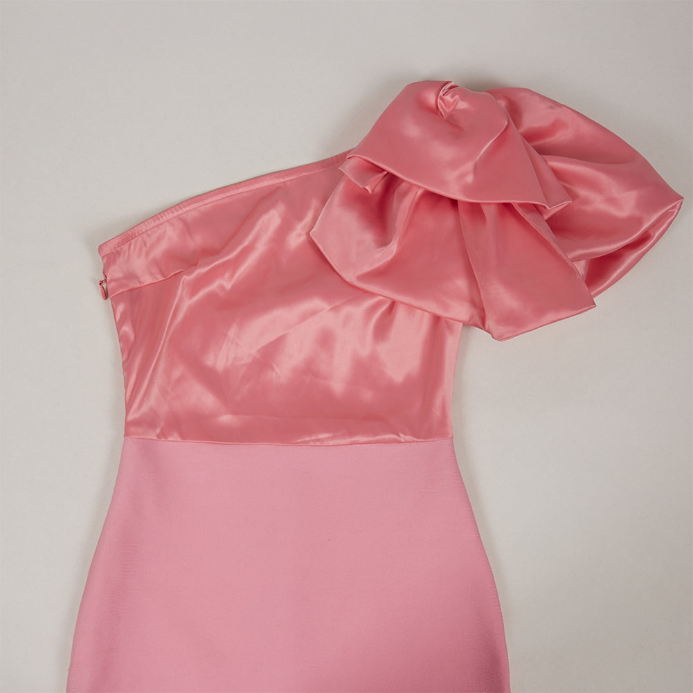 One Shoulder Pink Bandage Dress with Bowknot Splicing