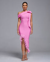 One Shoulder Feather Trim Bandage Dress