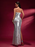 Silver Shiny High-slit Maxi Gown