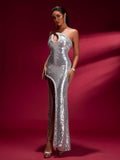 Silver Shiny High-slit Maxi Gown