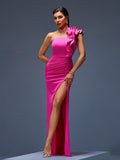 One Shoulder Ruffled Crepe Maxi Gown