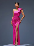 One Shoulder Ruffled Crepe Maxi Gown
