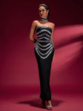 Elegant Crystal-embellished Bandage Gown With Collar