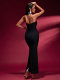 Elegant Crystal-embellished Bandage Gown With Collar
