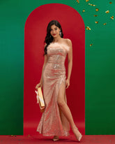 Strapless Feather Sequin Long Dress