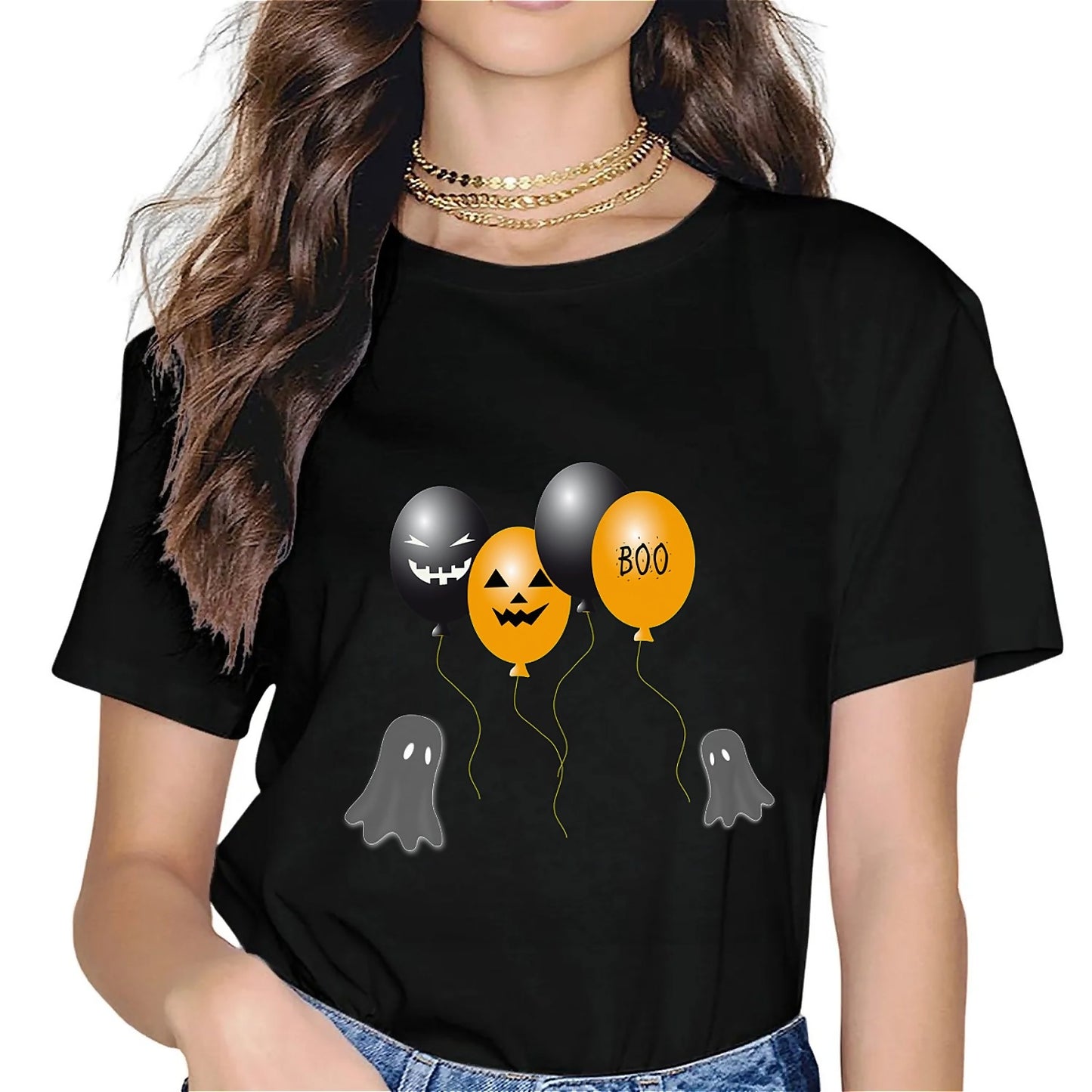 KevaMolly Graphic T Shirts for Women Summer Casual Halloween Printed Tee Cotton Tops Loose Fit