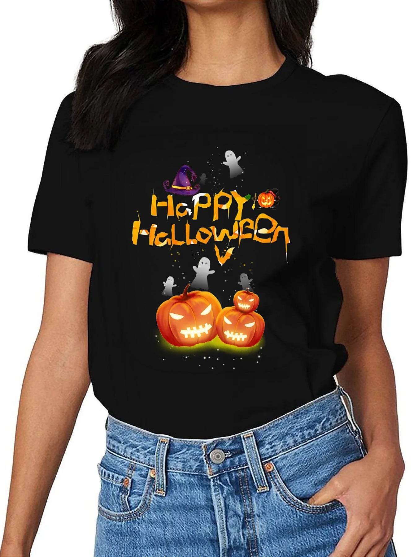 KevaMolly Graphic T Shirts for Women Summer Casual Halloween Printed Tee Cotton Tops Loose Fit