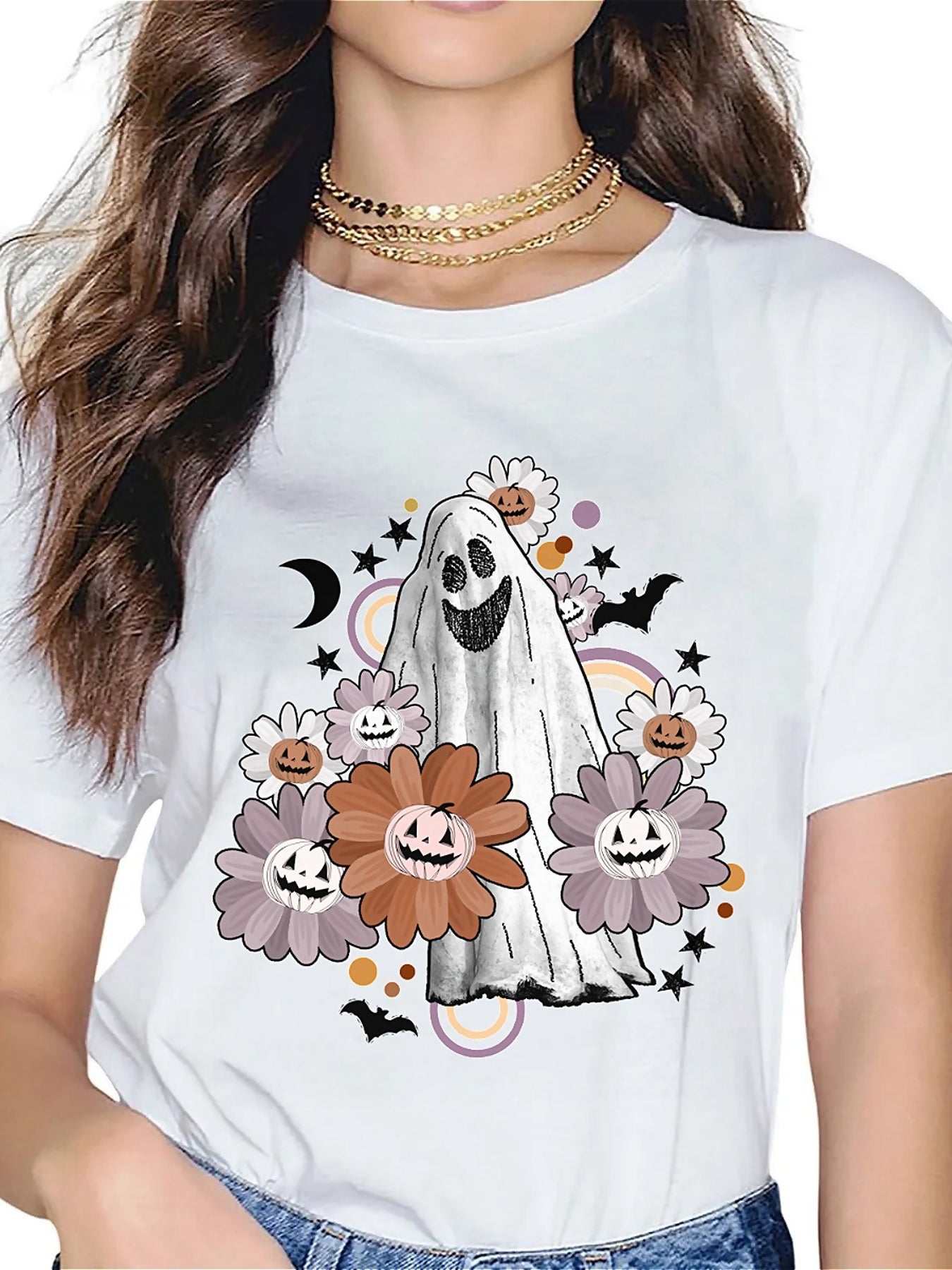 KevaMolly Graphic T Shirts for Women Summer Casual Halloween Printed Tee Cotton Tops Loose Fit