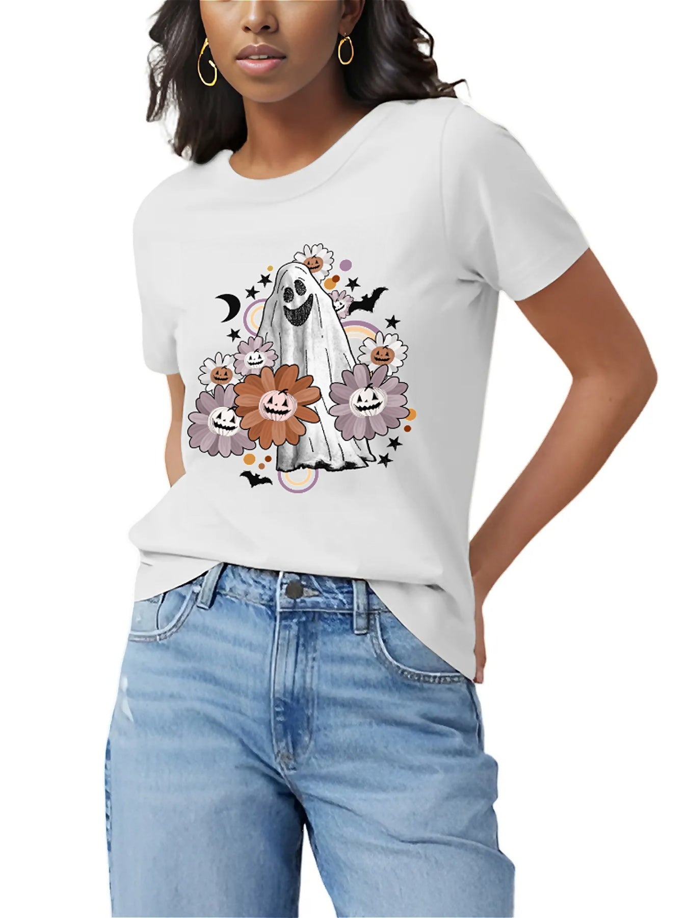 KevaMolly Graphic T Shirts for Women Summer Casual Halloween Printed Tee Cotton Tops Loose Fit
