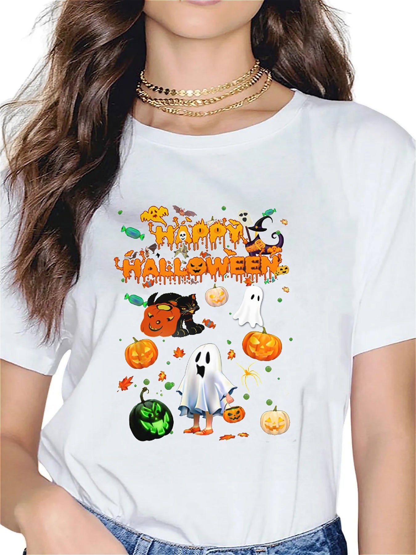 KevaMolly Graphic T Shirts for Women Summer Casual Halloween Printed Tee Cotton Tops Loose Fit