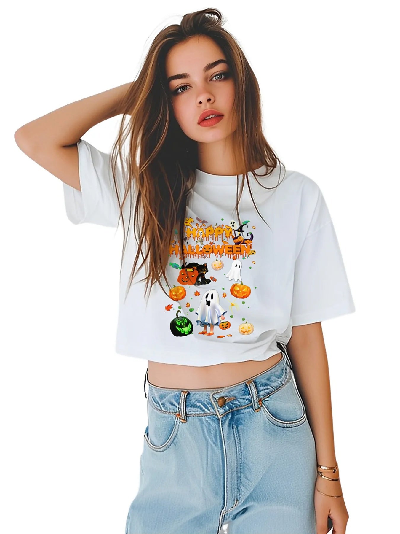 KevaMolly Graphic T Shirts for Women Summer Casual Halloween Printed Tee Cotton Tops Loose Fit