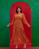 Round Neck Elegant Ruffle Long Dress