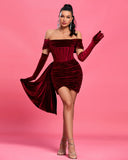 Burgundy Draped Off Shoulder Corset Dress