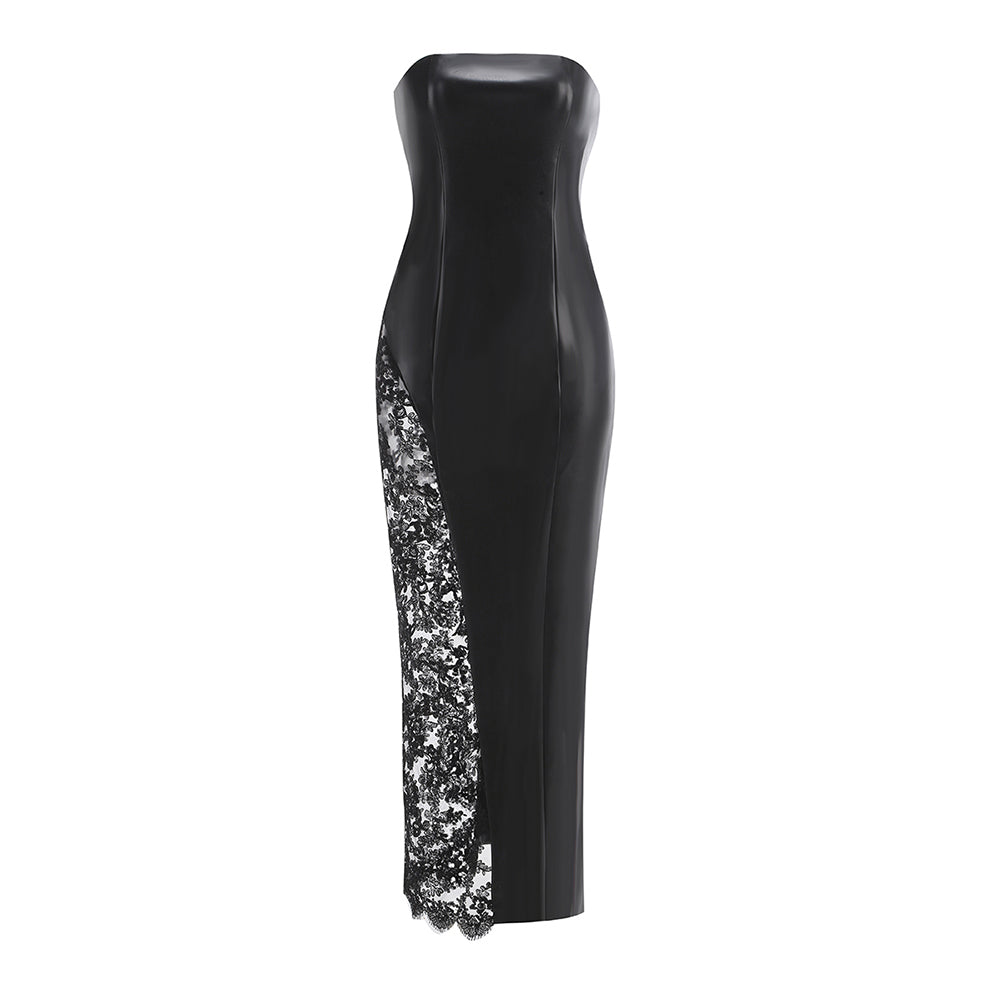 Strapless PU&Lace Splicing Maxi Dress ZNSBA1070