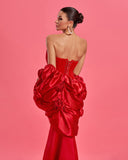 Red Satin Wedding Puffy Cape Gown