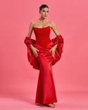 Red Satin Wedding Puffy Cape Gown