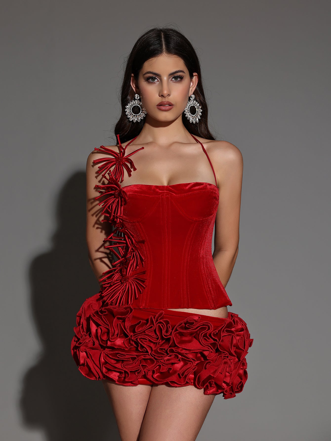 Halter Corset Rose Flowers Skirt Set