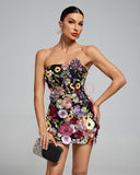 Maraya Strapless Floral Applique Mini Dress