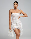 White Lace Draped Backless Mini Dress