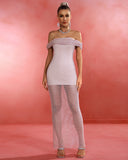 Off Shoulder Tan Rhinestone Fishnet Maxi Dress
