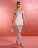 Off Shoulder Tan Rhinestone Fishnet Maxi Dress